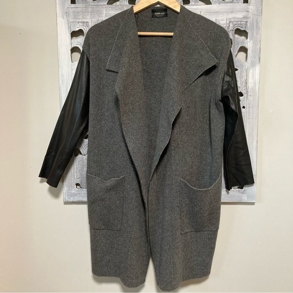 NWT Zara Gray Knit Draped Open Front Faux Black Leather Long Sleeve Coat - Picture 2 of 7